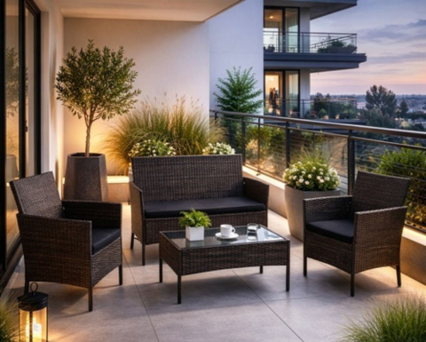 Set mobilier gradina ratan maro cu canapea 2 locuri, 2 fotolii si masa sticla, perne incluse, rezistent exterior [12]