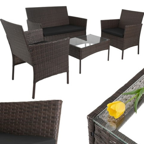 Set mobilier gradina ratan maro cu canapea 2 locuri, 2 fotolii si masa sticla, perne incluse, rezistent exterior [16]