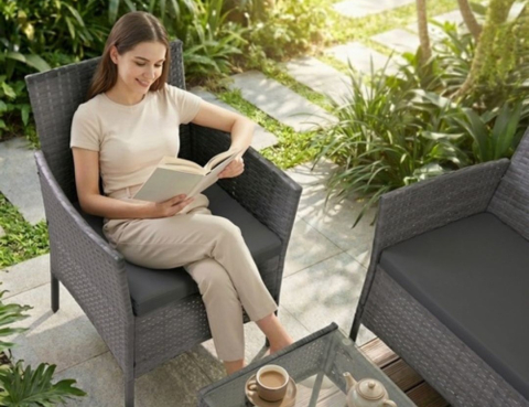 Set mobilier gradina technoratan 4 piese, canapea 2 locuri, 2 fotolii, masa cu blat sticla si perne gri inchis [5]