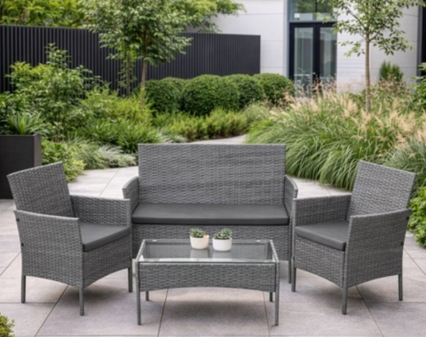 Set mobilier gradina technoratan 4 piese, canapea 2 locuri, 2 fotolii, masa cu blat sticla si perne gri inchis [4]