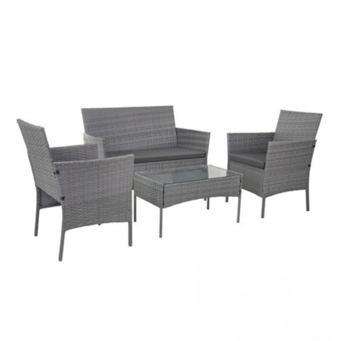 Set mobilier gradina technoratan 4 piese, canapea 2 locuri, 2 fotolii, masa cu blat sticla si perne gri inchis