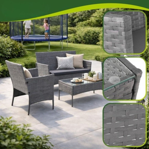 Set mobilier gradina technoratan 4 piese, canapea 2 locuri, 2 fotolii, masa cu blat sticla si perne gri inchis [6]