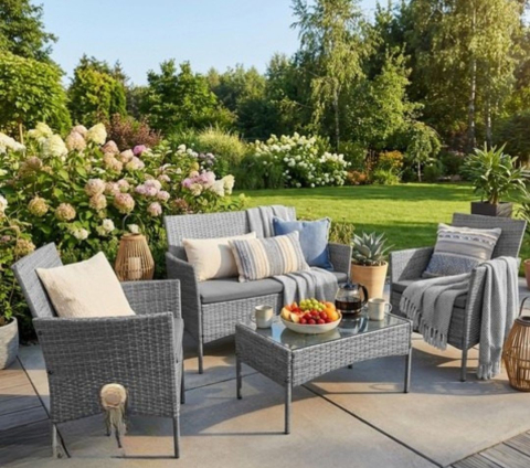 Set mobilier gradina technoratan 4 piese, canapea 2 locuri, 2 fotolii, masa cu blat sticla si perne gri inchis [3]