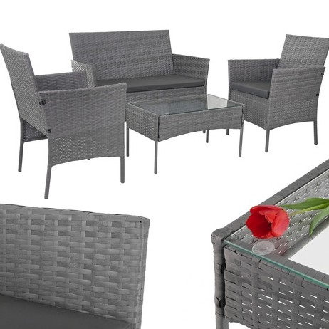 Set mobilier gradina technoratan 4 piese, canapea 2 locuri, 2 fotolii, masa cu blat sticla si perne gri inchis [7]