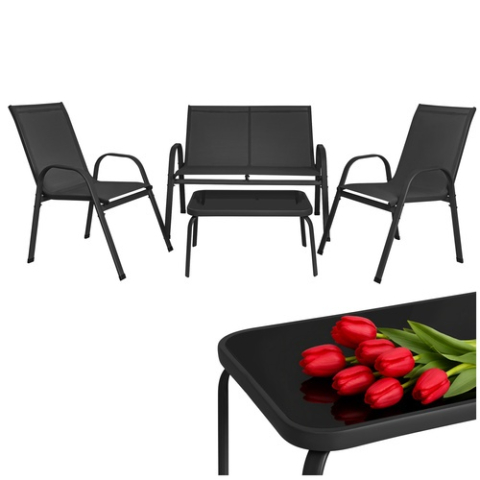 Set mobilier gradina, terasa, balcon, canapea 2 locuri, masa, 2 scaune, metal/sticla, negru [10]