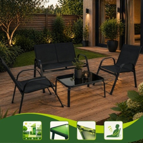 Set mobilier gradina, terasa, balcon, canapea 2 locuri, masa, 2 scaune, metal/sticla, negru [7]
