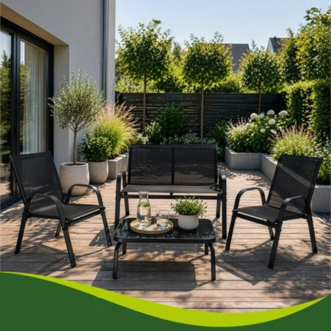 Set mobilier gradina, terasa, balcon, canapea 2 locuri, masa, 2 scaune, metal/sticla, negru [5]