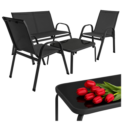 Set mobilier pentru balcon si terasa, canapea 2 locuri, 2 scaune si masuta cu blat din sticla securizata, cadru metalic, negru [4]