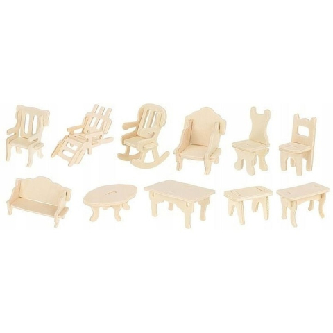 Set mobilier pentru casuta de papusi natur, 34 piese din lemn DIY, mobilier miniatural de asamblat si personalizat, 175 elemente, 3 ani+ [7]