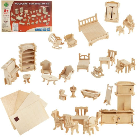JOCURI ȘI JUCĂRII - Set mobilier pentru casuta de papusi natur, 34 piese din lemn DIY, mobilier miniatural de asamblat si personalizat, 175 elemente, 3 ani+