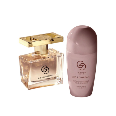 Set Oriflame Giordani Gold Miss Giordani pentru femei, apa de parfum 50 ml si deodorant roll-on antiperspirant parfumat 50 ml, aroma floral fructat lemnoasa