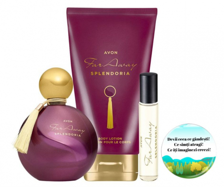 PARFUMURI & SETURI - Set Far Away Splendoria Ea (parfum 50 ml,lotiune 150 ml,mini apa 10 ml) + insigna Dactylion cu mesaj motivational