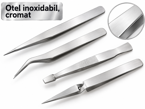 Set pensete argintii 105-120 mm, 4 piese din otel inoxidabil, varf drept, curbat si plat, [2]