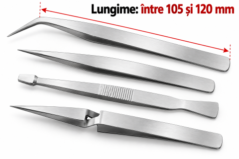 Set pensete argintii 105-120 mm, 4 piese din otel inoxidabil, varf drept, curbat si plat, [1]