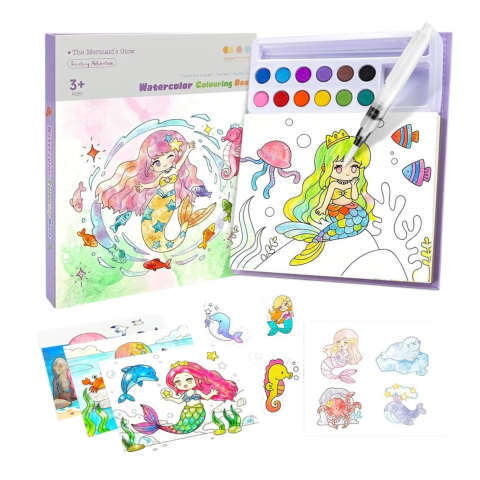 Set pentru copii, carte de colorat si acuarele, 12 culori, pensula, model sirena, 20 foi, 15.7 x 18.8 x 1.8 cm [5]