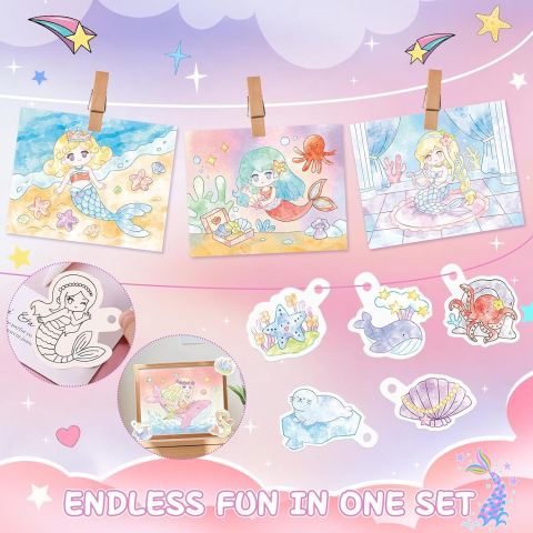 Set pentru copii, carte de colorat si acuarele, 12 culori, pensula, model sirena, 20 foi, 15.7 x 18.8 x 1.8 cm [1]