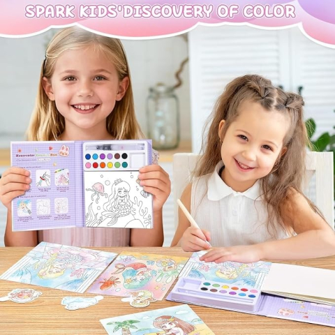 Set pentru copii, carte de colorat si acuarele, 12 culori, pensula, model sirena, 20 foi, 15.7 x 18.8 x 1.8 cm [2]