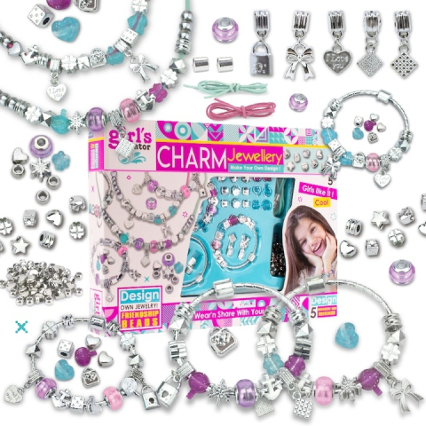 JOCURI ȘI JUCĂRII - Set pentru creat bratari si lantisoare pentru copii, cu pandantive, margele si accesorii pentru bijuterii, multicolor, aproximativ 110 elemente