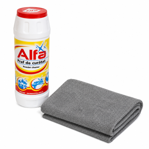 Diverse bucatarie - Set pentru curatare baie si bucatarie, laveta absorbanta din microfibra 20 x 30 cm, gri + praf de curatat Alfa 500 g, pentru indepartarea grasimii, petelor si murdariei persistente