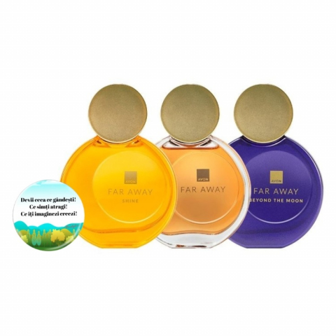 PARFUMURI & SETURI - Set pentru dama, 3 ape de parfum Far Away si insigna Dactylion cu mesaj motivational