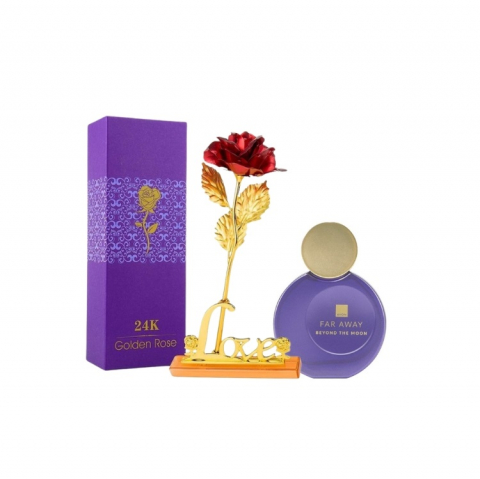 PARFUMURI & SETURI - Set pentru dama, apa de parfum Far Away Beyond the Moon si trandafir rosu suflat la baza cu aur, suport si cutie incluse