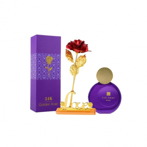 PARFUMURI & SETURI - Set pentru dama, apa de parfum Far Away Rebel si trandafir rosu suflat la baza cu aur, suport si cutie incluse