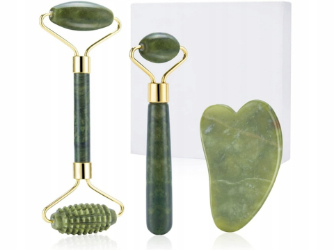 COSMETICE - Set pentru masaj al fetei, cu piatra de Jad naturala, rola dubla, Anti-Rid