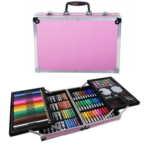 JOCURI ȘI JUCĂRII - Set pictat si desen, 145 piese, gentuta depozitare stil geamantan, maner rezistent, 34 x 23 x 9 cm, roz – complet, educativ si usor de transportat pentru copii si pasionati de arta