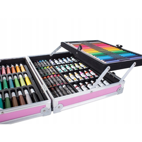 Set pictat si desen, 145 piese, gentuta depozitare stil geamantan, maner rezistent, 34 x 23 x 9 cm, roz – complet, educativ si usor de transportat pentru copii si pasionati de arta [11]