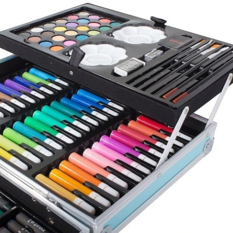 Set pictat si desen, 145 piese, gentuta depozitare stil gemantan, model Unicorn si curcubeu, albastru, 34 x 23 x 9 cm – complet, colorat si usor de transportat pentru micii artisti [6]