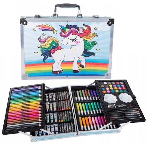 JOCURI ȘI JUCĂRII - Set pictat si desen, 145 piese, gentuta depozitare stil gemantan, model Unicorn si curcubeu, albastru, 34 x 23 x 9 cm – complet, colorat si usor de transportat pentru micii artisti