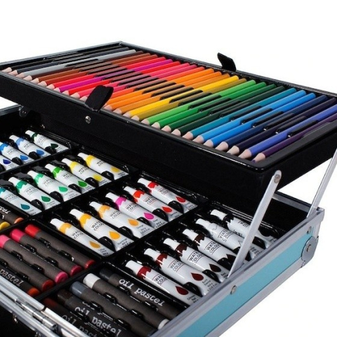 Set pictat si desen, 145 piese, gentuta depozitare stil gemantan, model Unicorn si curcubeu, albastru, 34 x 23 x 9 cm – complet, colorat si usor de transportat pentru micii artisti [10]