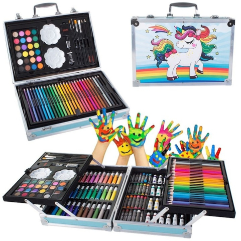 Set pictat si desen, 145 piese, gentuta depozitare stil gemantan, model Unicorn si curcubeu, albastru, 34 x 23 x 9 cm – complet, colorat si usor de transportat pentru micii artisti [1]