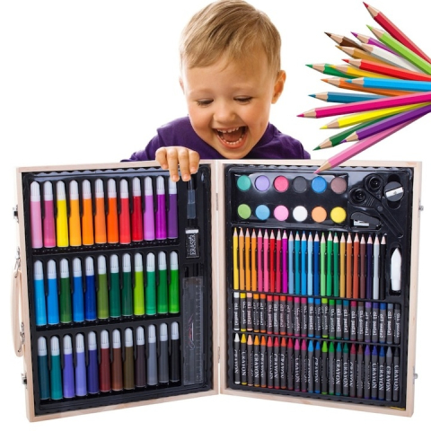Set pictat si desen, 150 piese, gentuta depozitare din lemn, 34 x 27.5 x 4 cm – complet, elegant si ideal pentru copii pasionati de arta [1]