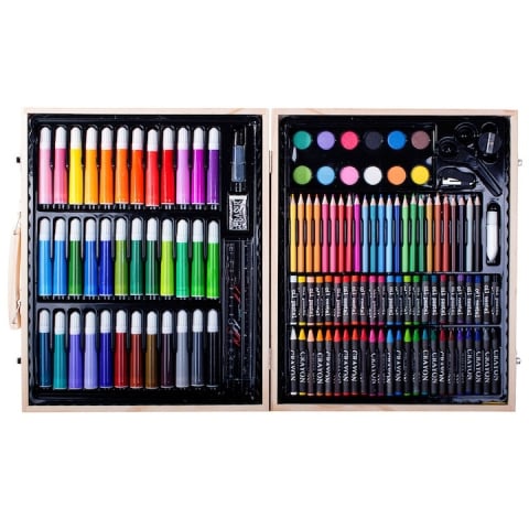 JOCURI ȘI JUCĂRII - Set pictat si desen, 150 piese, gentuta depozitare din lemn, 34 x 27.5 x 4 cm – complet, elegant si ideal pentru copii pasionati de arta