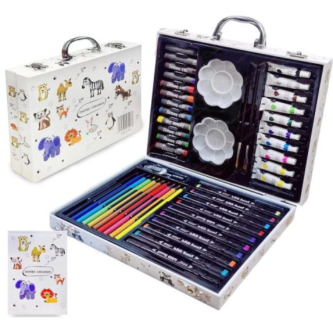 Set pictura multicolor 68 piese, valiza 30 x 23 x 5 cm, accesorii desen pentru copii, creioane, markere, acuarele, pensule, palete, carte de colorat, radiera si ascutitoare [4]