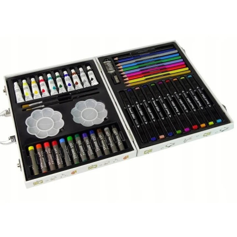 Set pictura multicolor 68 piese, valiza 30 x 23 x 5 cm, accesorii desen pentru copii, creioane, markere, acuarele, pensule, palete, carte de colorat, radiera si ascutitoare [3]