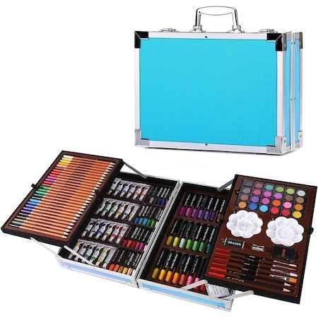 Set pictură și desen - Set,trusa de pictura si desen pentru copii,creioane,markere,culori 145 piese - Albastru
