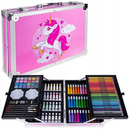 Set pictură și desen - Set,trusa de pictura si desen pentru copii,creioane,markere,culori 145 piese - Roz