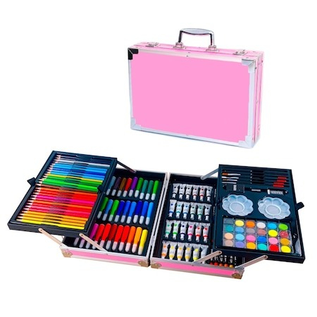 Set pictură și desen - Set,trusa de pictura si desen pentru copii,creioane,markere,culori 145 piese - Roz