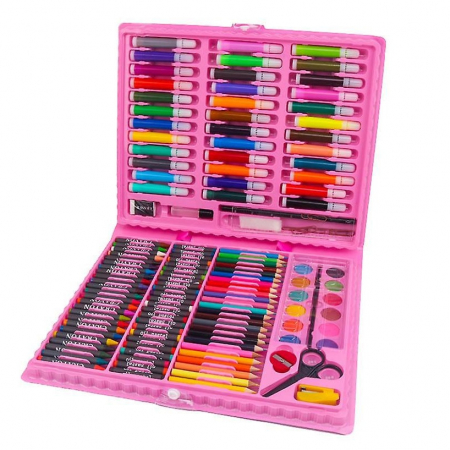 Set pictură și desen - Set,trusa completa pentru copii,desenat,colorat si pictat,150 piese,trusa inclusa - Roz