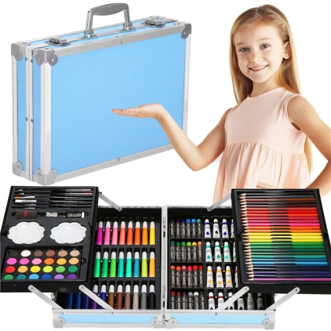 Set pictura si desen pentru copii, 145 piese, creioane, markere, acuarele, pasteluri, geanta aluminiu cu maner, albastru [22]