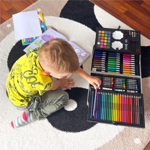 Set pictura si desen pentru copii, 145 piese, creioane, markere, acuarele, pasteluri, geanta aluminiu cu maner, albastru [24]