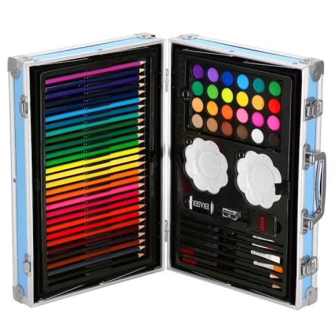 Set pictura si desen pentru copii, 145 piese, creioane, markere, acuarele, pasteluri, geanta aluminiu cu maner, albastru [8]