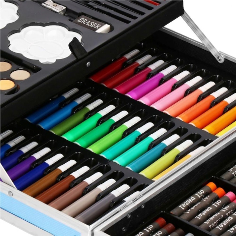 Set pictura si desen pentru copii, 145 piese, creioane, markere, acuarele, pasteluri, geanta aluminiu cu maner, albastru [1]