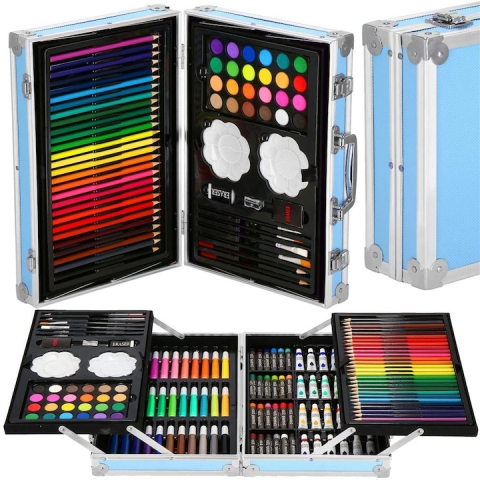 Set pictura si desen pentru copii, 145 piese, creioane, markere, acuarele, pasteluri, geanta aluminiu cu maner, albastru [20]