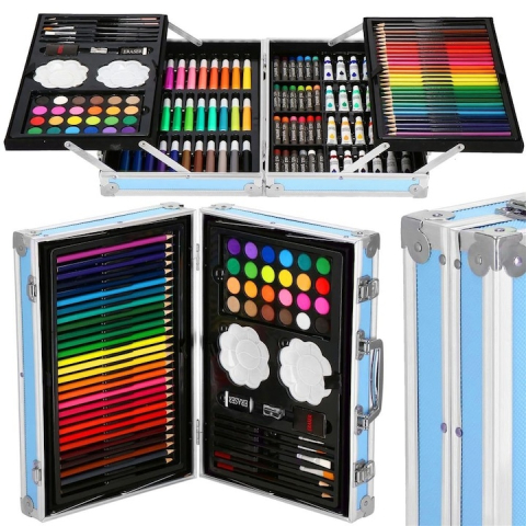 Set pictură și desen - Set pictura si desen pentru copii, 145 piese, creioane, markere, acuarele, pasteluri, geanta aluminiu cu maner, albastru
