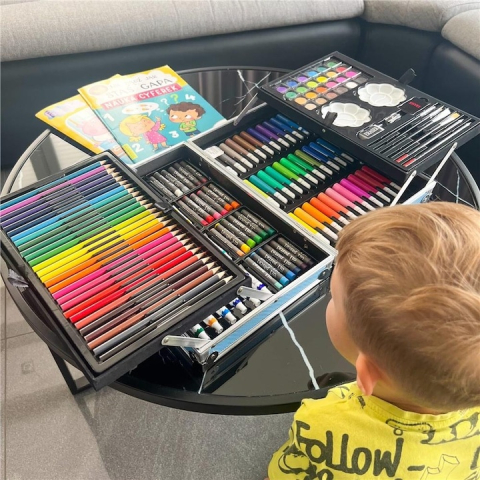 Set pictura si desen pentru copii, 145 piese, creioane, markere, acuarele, pasteluri, geanta aluminiu cu maner, albastru [23]