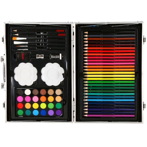 Set pictura si desen pentru copii, 145 piese, creioane, markere, acuarele, pasteluri, geanta aluminiu cu maner, albastru [7]