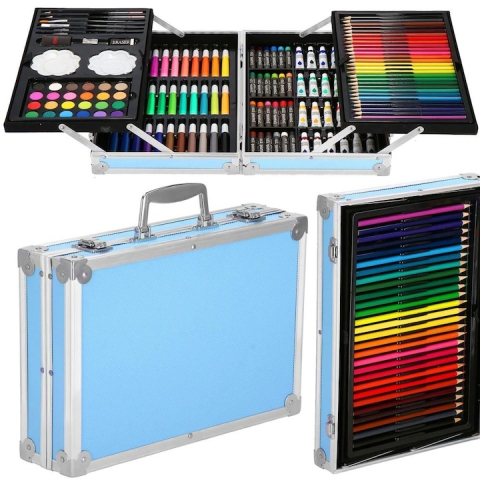 Set pictura si desen pentru copii, 145 piese, creioane, markere, acuarele, pasteluri, geanta aluminiu cu maner, albastru [18]